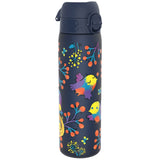 A navy blue water bottle, featuring a colorful bird and floral design, stands upright against a white background.