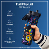 A decorated water bottle is held; its 240° flip lid opens fully, away from the face; it's designed for convenient on-the-go use. The bottle is labeled 