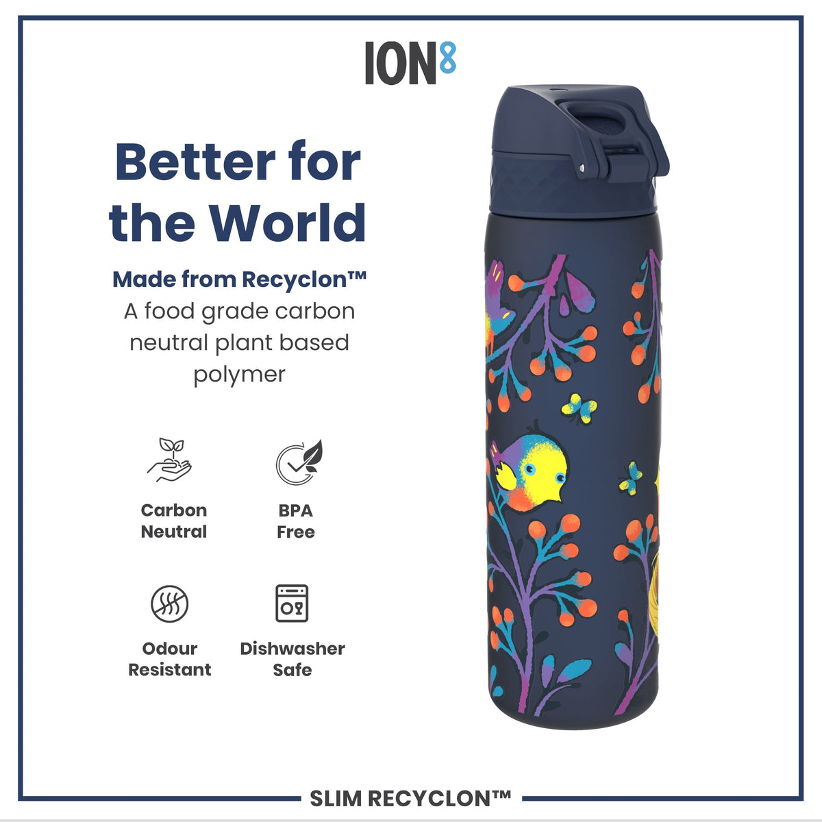 A water bottle, made from Recyclon™, sits against a white background. The bottle is dark blue with a colorful floral and bird design. It is described as carbon neutral, BPA free, odour resistant and dishwasher safe.