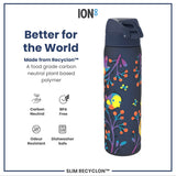 A water bottle, made from Recyclon™, sits against a white background. The bottle is dark blue with a colorful floral and bird design. It is described as carbon neutral, BPA free, odour resistant and dishwasher safe.