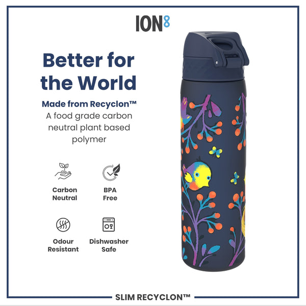 A water bottle, made from Recyclon™, sits against a white background. The bottle is dark blue with a colorful floral and bird design. It is described as carbon neutral, BPA free, odour resistant and dishwasher safe.