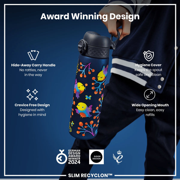 A patterned water bottle is being held; its features are highlighted, including a hide-away handle, hygiene cover, and wide mouth. The bottle is award-winning and called "SLIM RECYCLON™".