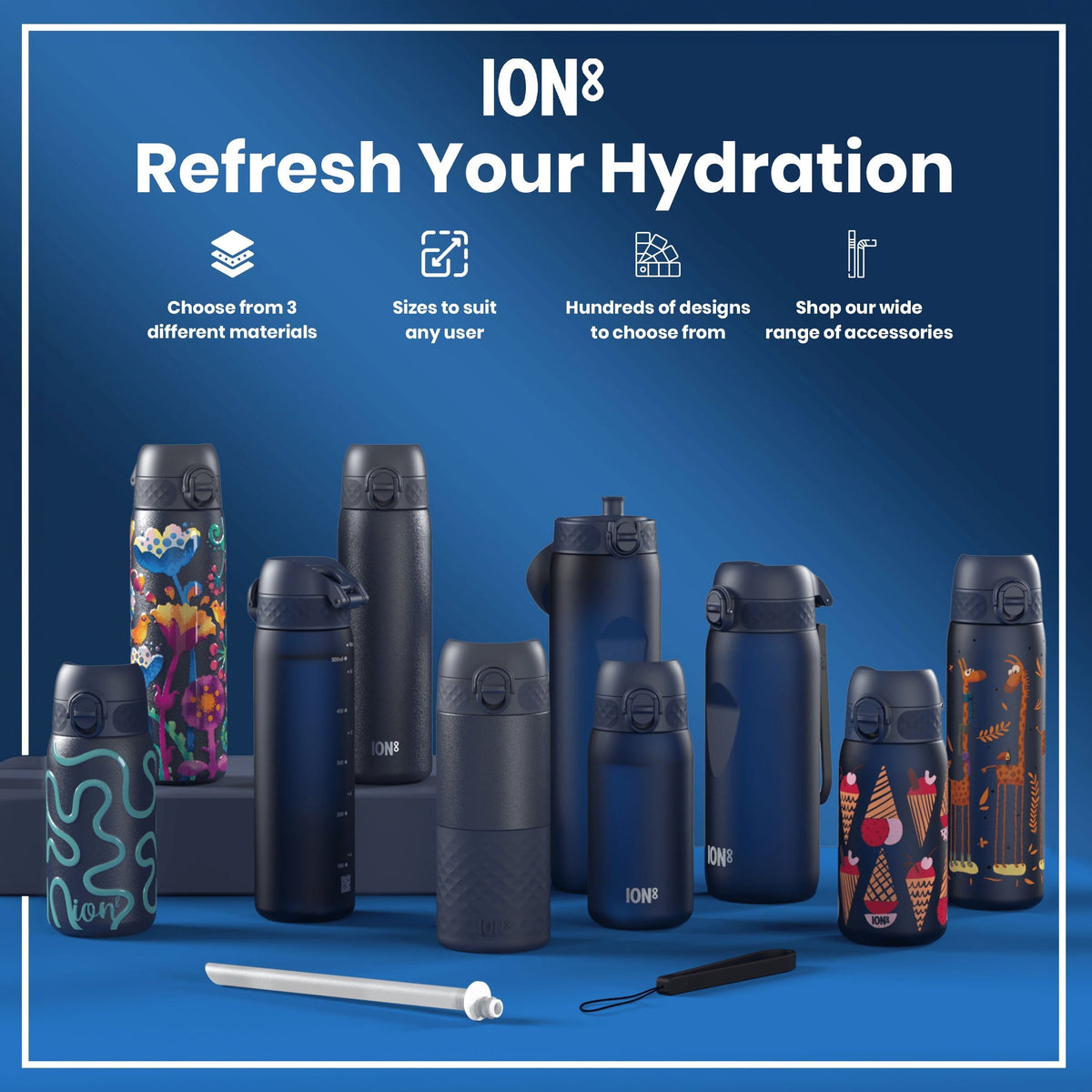 Several ION8 water bottles, varying in size and design, are displayed on a blue surface. They showcase diverse materials and patterns. The context is an advertisement promoting hydration.