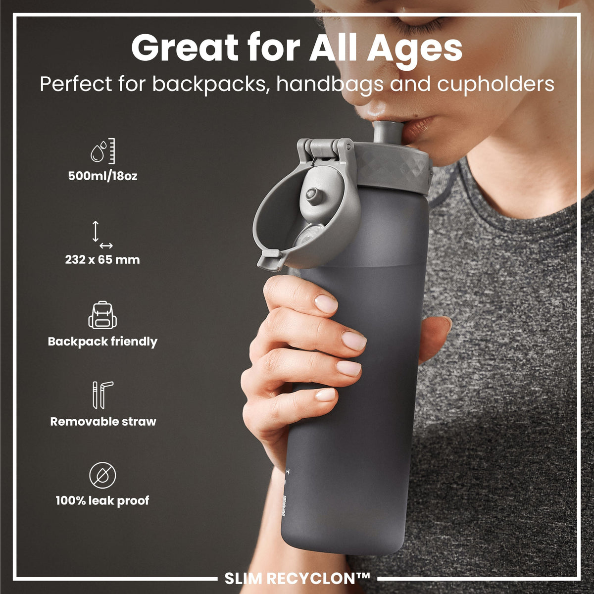 Recyclon Wasserflasche mit Trinkhalm, Grau, 500 ml