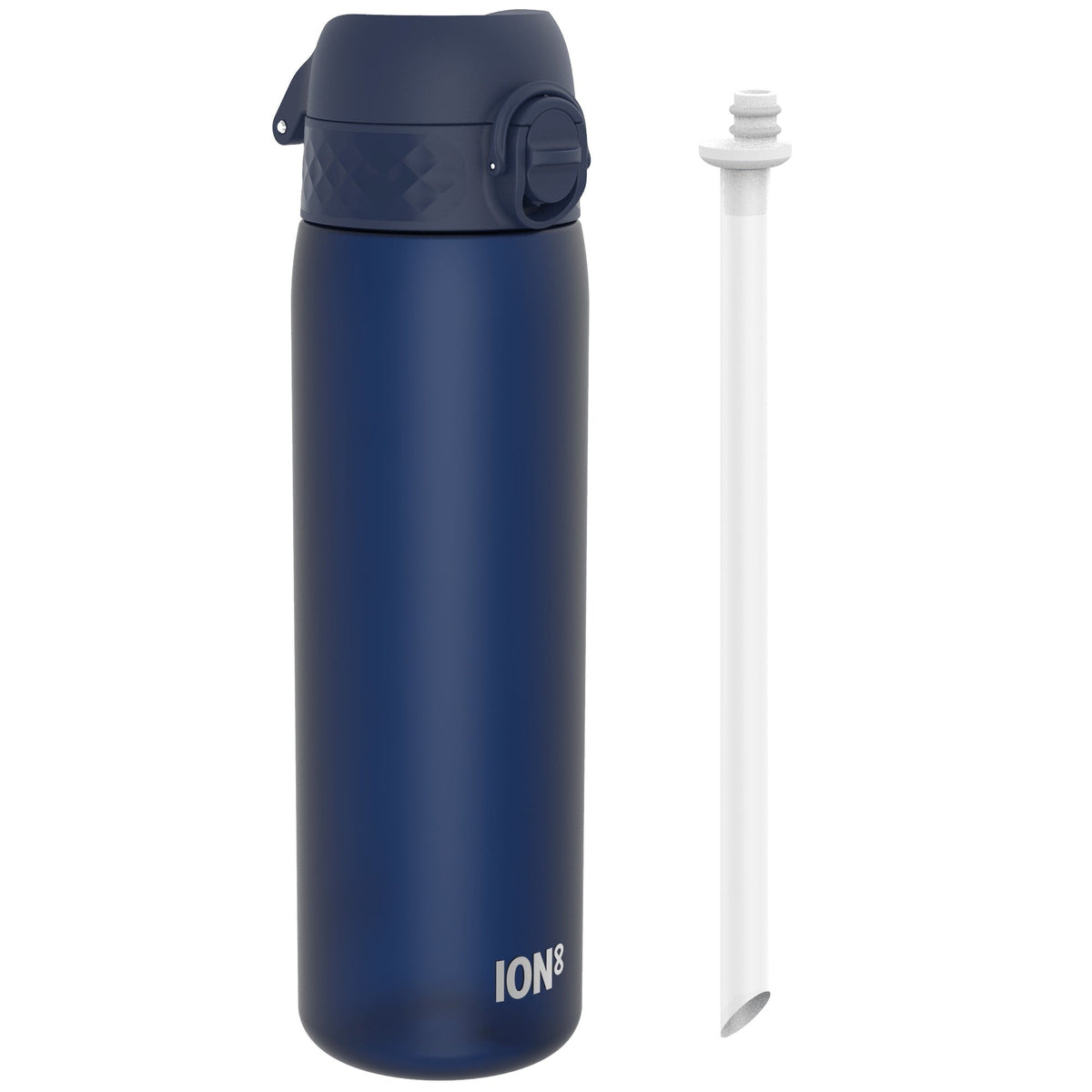 A dark-blue water bottle, with a dark-blue cap and carrying loop, sits beside its detached white straw. ION8 is printed on the bottle.