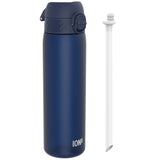 A dark-blue water bottle, with a dark-blue cap and carrying loop, sits beside its detached white straw. ION8 is printed on the bottle.