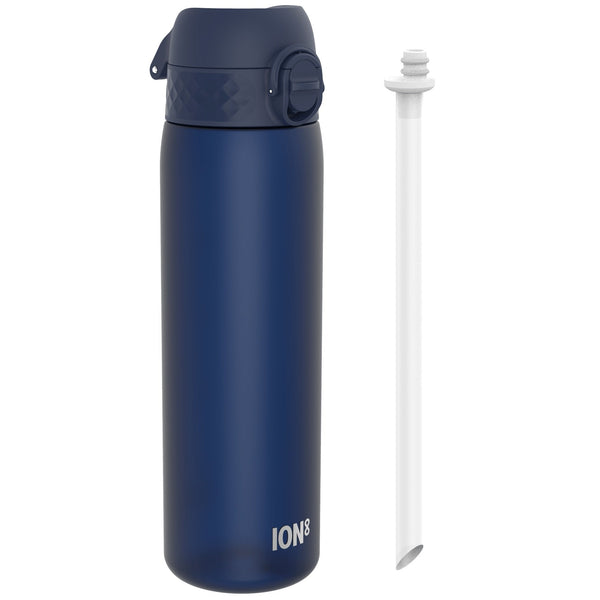 A dark-blue water bottle, with a dark-blue cap and carrying loop, sits beside its detached white straw. ION8 is printed on the bottle.