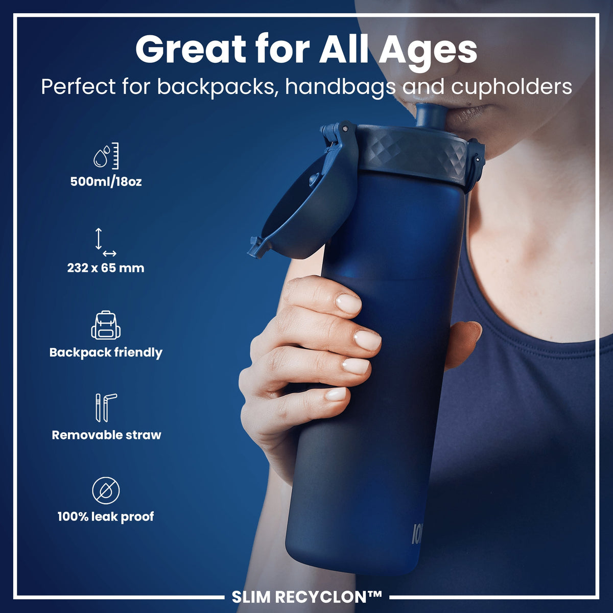 Recyclon Wasserflasche mit Trinkhalm, Marineblau, 500 ml