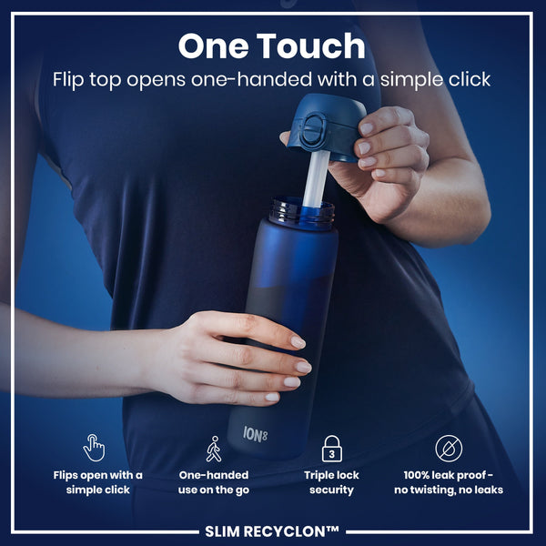 A person opens a blue ION8 water bottle's flip top with one hand. The bottle has a triple lock security feature and is leakproof. The context is a product advertisement.
