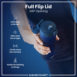 A hand holds a dark-blue water bottle with a unique flip lid that opens 240 degrees; the bottle is shown against a dark-blue background. Full Flip Lid, 240° Opening, SLIM RECYCLON™ are also written on the image.