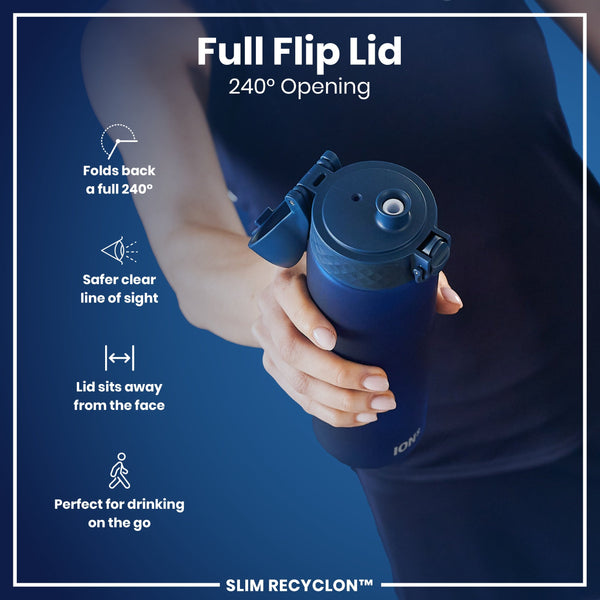 A hand holds a dark-blue water bottle with a unique flip lid that opens 240 degrees; the bottle is shown against a dark-blue background. Full Flip Lid, 240° Opening, SLIM RECYCLON™ are also written on the image.