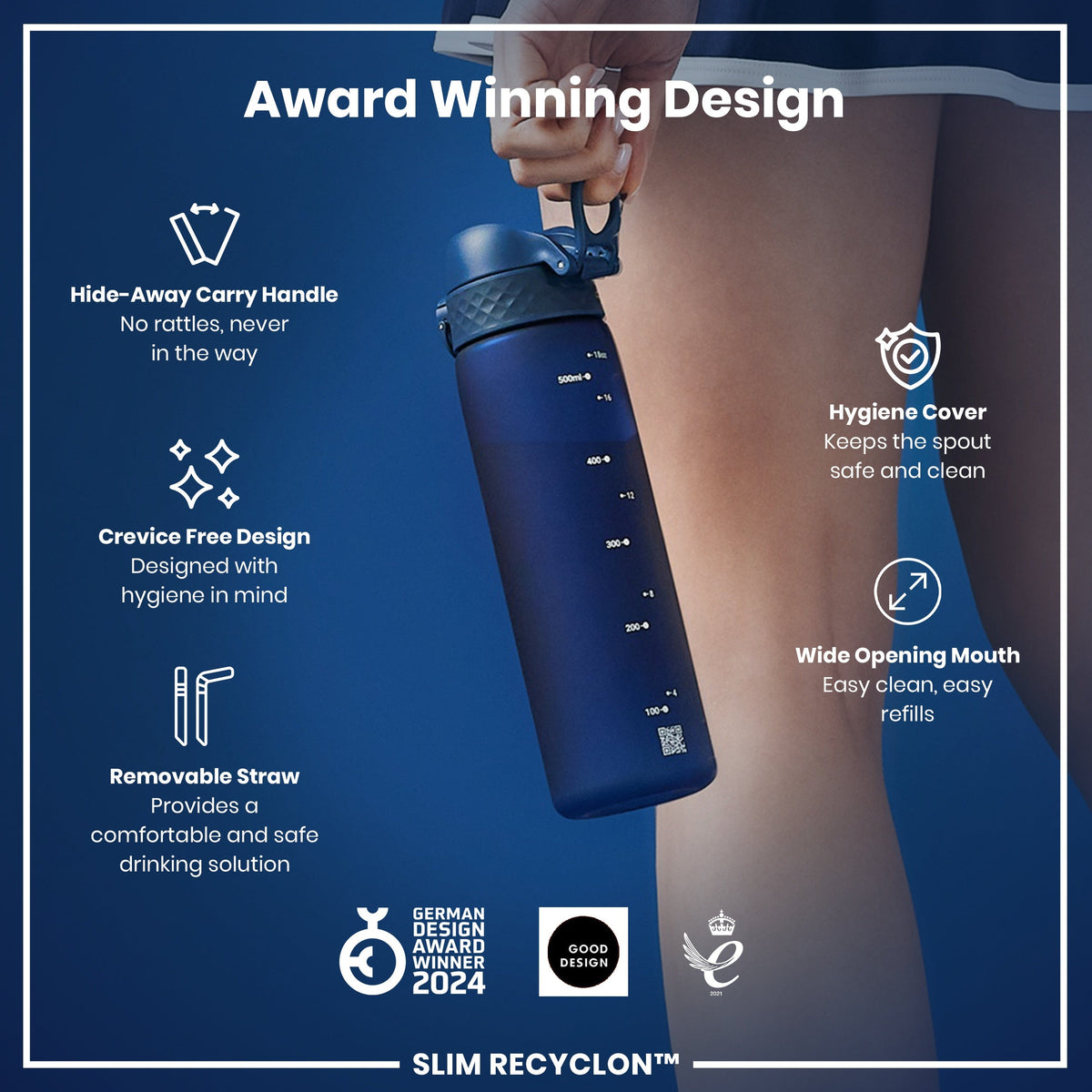 A blue water bottle is being held; it features a hide-away handle, removable straw, and wide mouth. The bottle's design prioritizes hygiene, and it's an award-winning design.