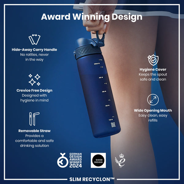 A blue water bottle is being held; it features a hide-away handle, removable straw, and wide mouth. The bottle's design prioritizes hygiene, and it's an award-winning design.