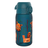 A teal water bottle, featuring a repeating pattern of red pandas and foliage, sits on a white background. The bottle has a teal screw-on cap and base. A small box on the bottle is labeled 