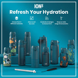 Several teal water bottles, some with various designs, are arranged on a teal surface. They are displayed with marketing text: 