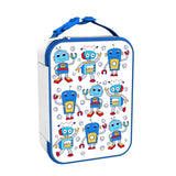 Colorful lunchbox featuring cartoon robots in blue and red waving and dancing on a white background with spiral patterns. Blue handle and zipper detail the design.