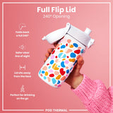 A colorful water bottle with a 240° opening lid is being held; the lid folds back completely, sits away from the face, providing a clear view. The bottle is perfect for on-the-go drinking.