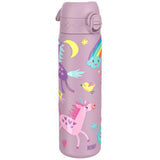Pink water bottle adorned with colorful unicorns, clouds, rainbows, and stars featuring playful designs in a whimsical style suitable for children; text includes “ION8.”