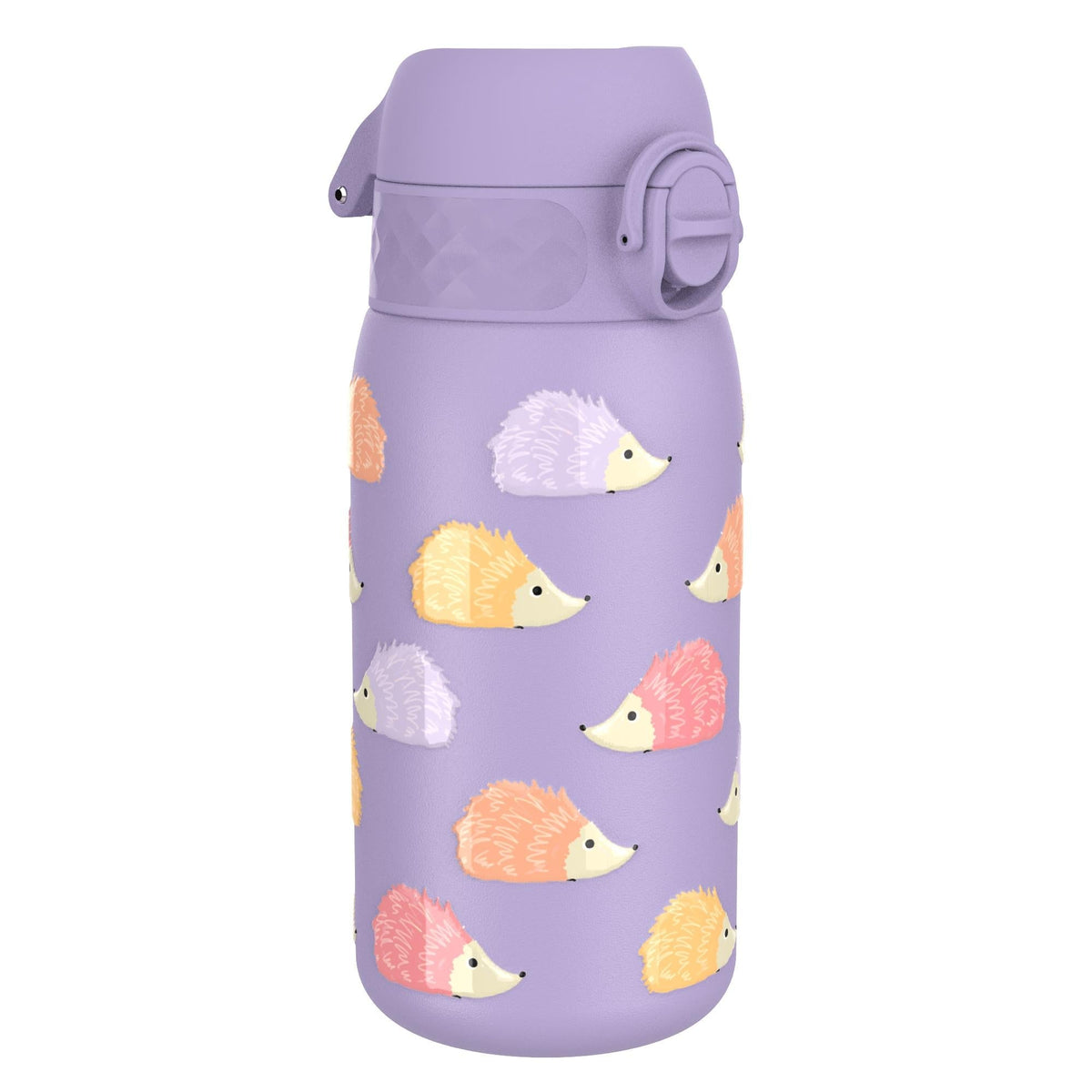 Purple water bottle adorned with colorful hedgehog patterns resting on a plain white background