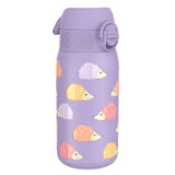 Purple water bottle adorned with colorful hedgehog patterns resting on a plain white background