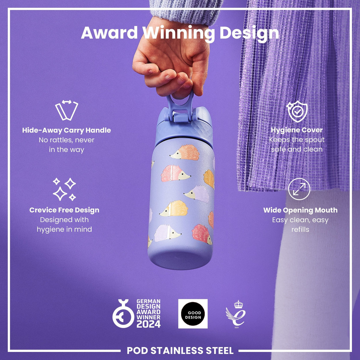 Isolierte Edelstahl-Wasserflasche, Igelmotiv, 320 ml