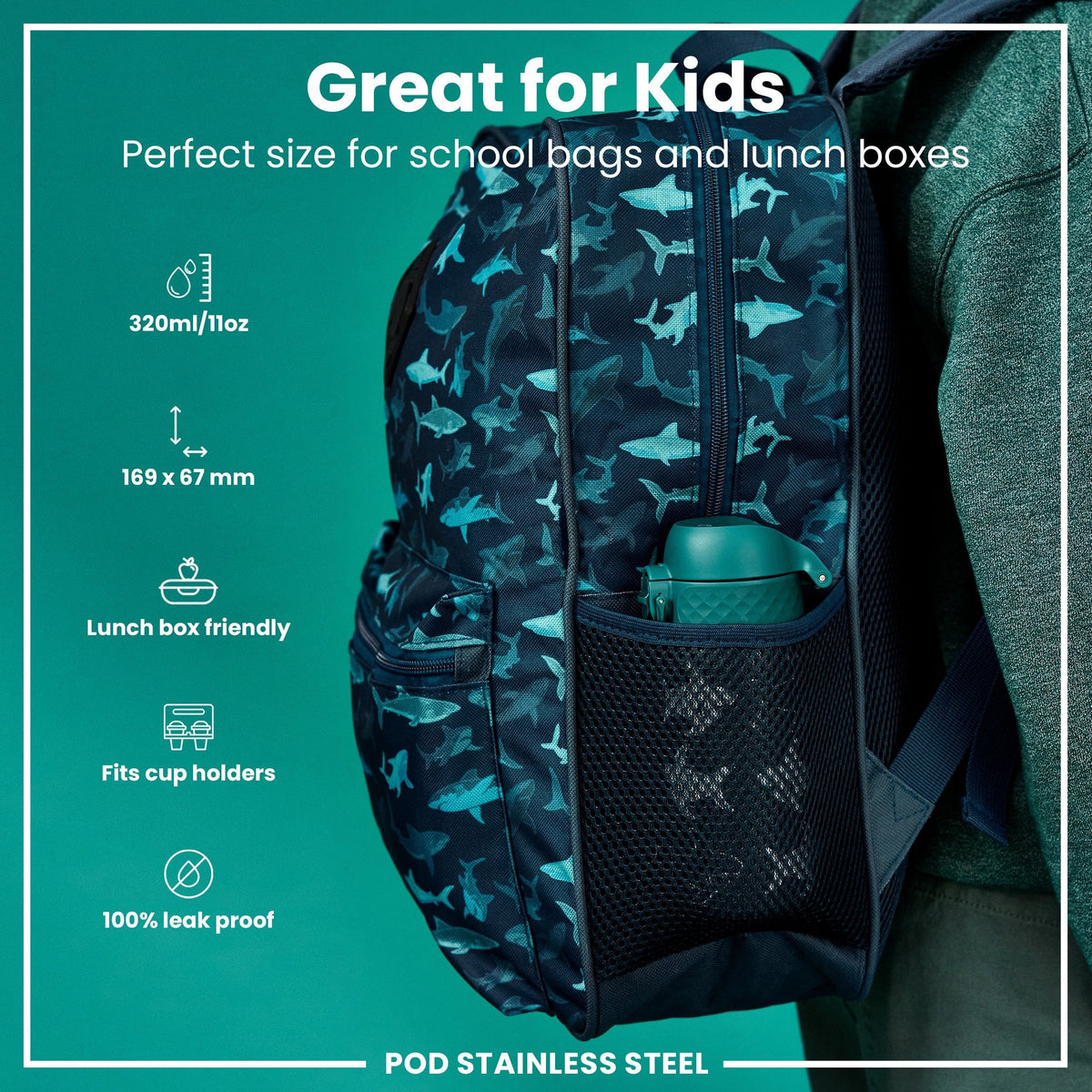 Isolierte Edelstahl-Wasserflasche, Hai, 320 ml