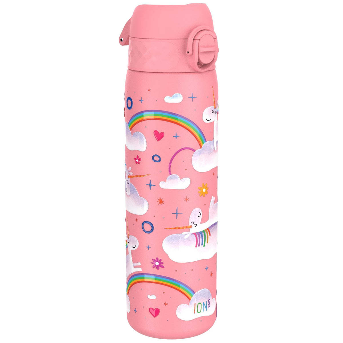 A pink water bottle features rainbow-colored unicorns on clouds surrounded by stars and hearts in a whimsical design. The text "ION8" is at the bottom.