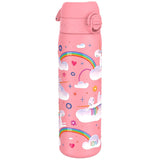 A pink water bottle features rainbow-colored unicorns on clouds surrounded by stars and hearts in a whimsical design. The text 