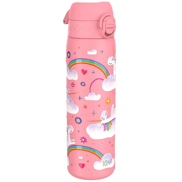A pink water bottle features rainbow-colored unicorns on clouds surrounded by stars and hearts in a whimsical design. The text "ION8" is at the bottom.