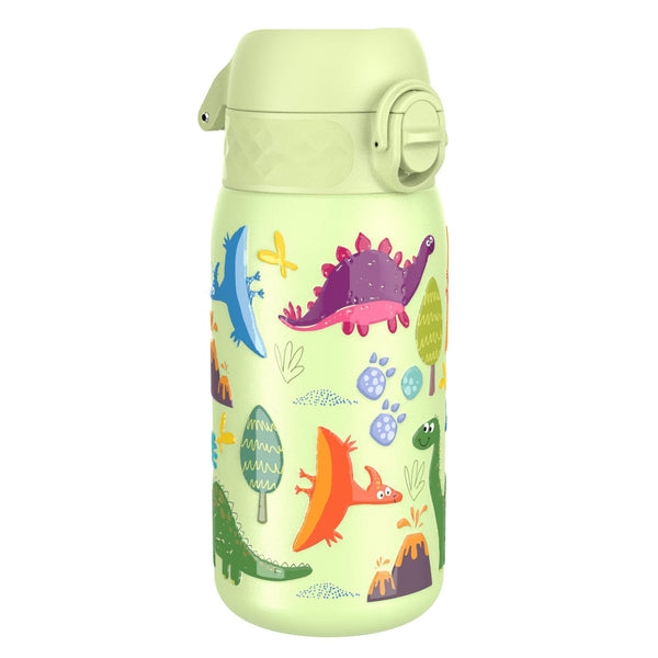 A light green water bottle features colorful dinosaur illustrations and trees in a playful design with a flip-top lid for easy use.