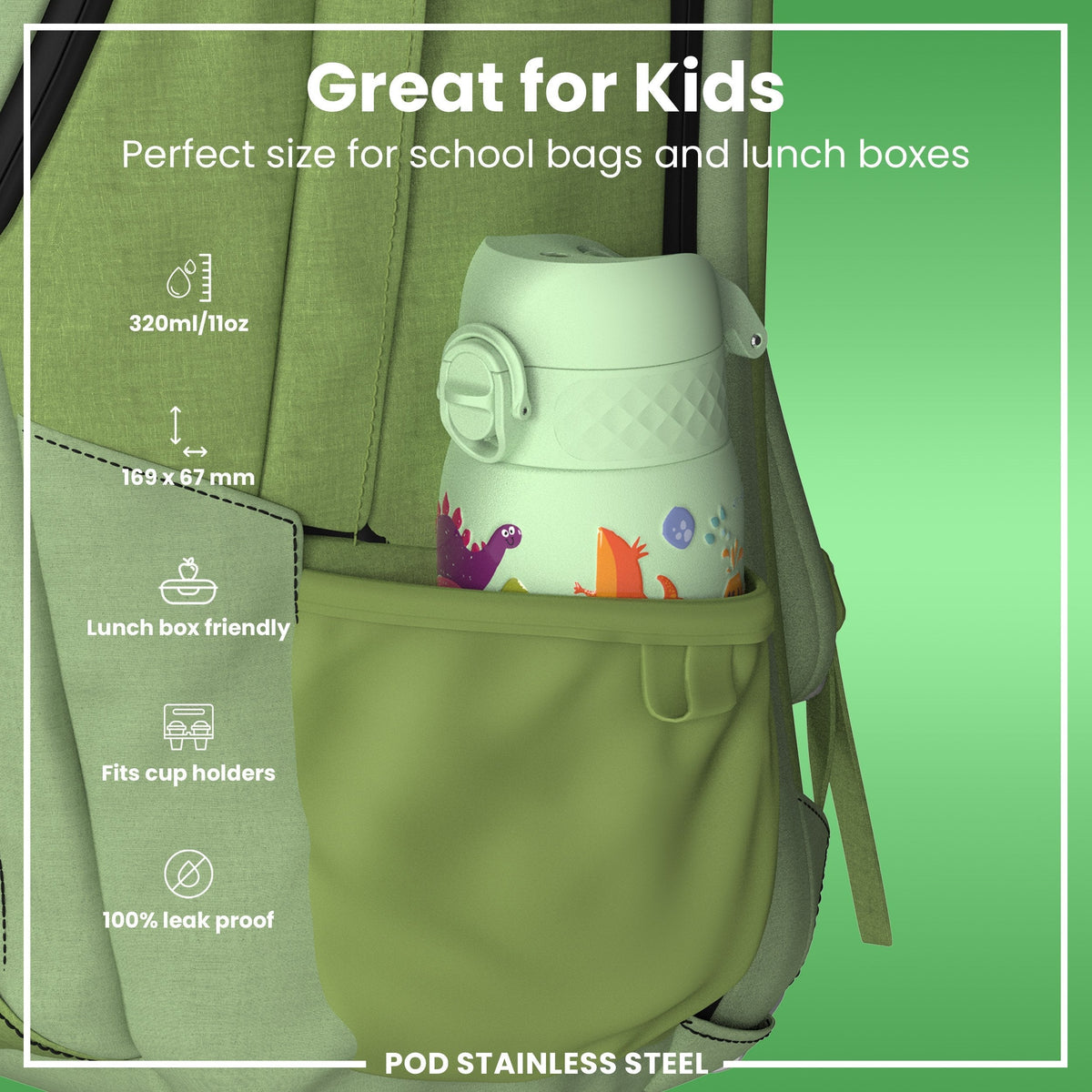 Isolierte Edelstahl-Wasserflasche, Dinosaurier, 320 ml