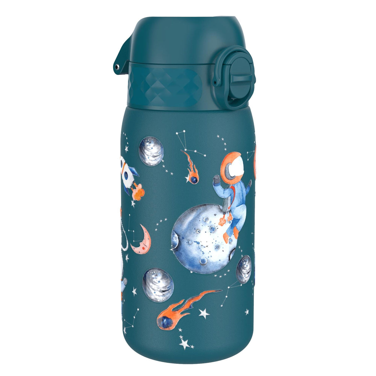 A teal water bottle features an astronaut sitting on a planet surrounded by rockets, moons, and comets amidst starry constellations, set on a celestial-themed background.