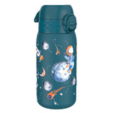 A teal water bottle features an astronaut sitting on a planet surrounded by rockets, moons, and comets amidst starry constellations, set on a celestial-themed background.