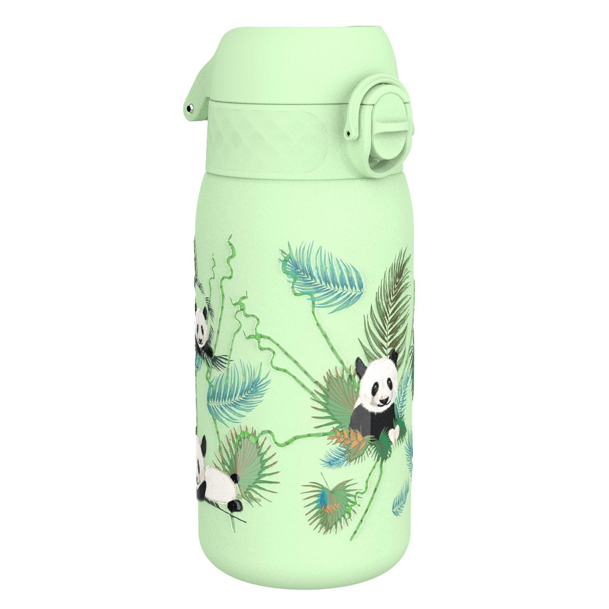A light green water bottle features illustrated pandas amidst green leaves and ferns against a plain white background.