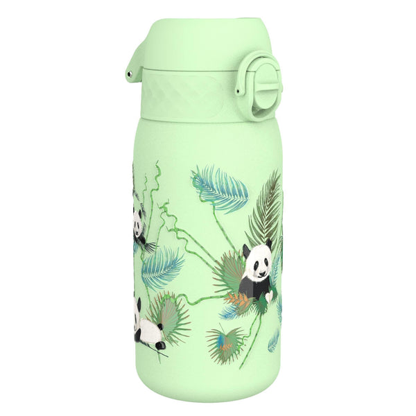 A light green water bottle features illustrated pandas amidst green leaves and ferns against a plain white background.