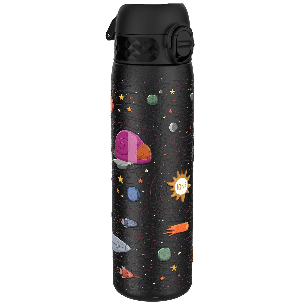 A black water bottle features illustrated space-themed designs with colorful planets, stars, and rockets. The word "ION8" is displayed next to a sun-like shape amidst a cosmic background.