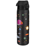 A black water bottle features illustrated space-themed designs with colorful planets, stars, and rockets. The word 