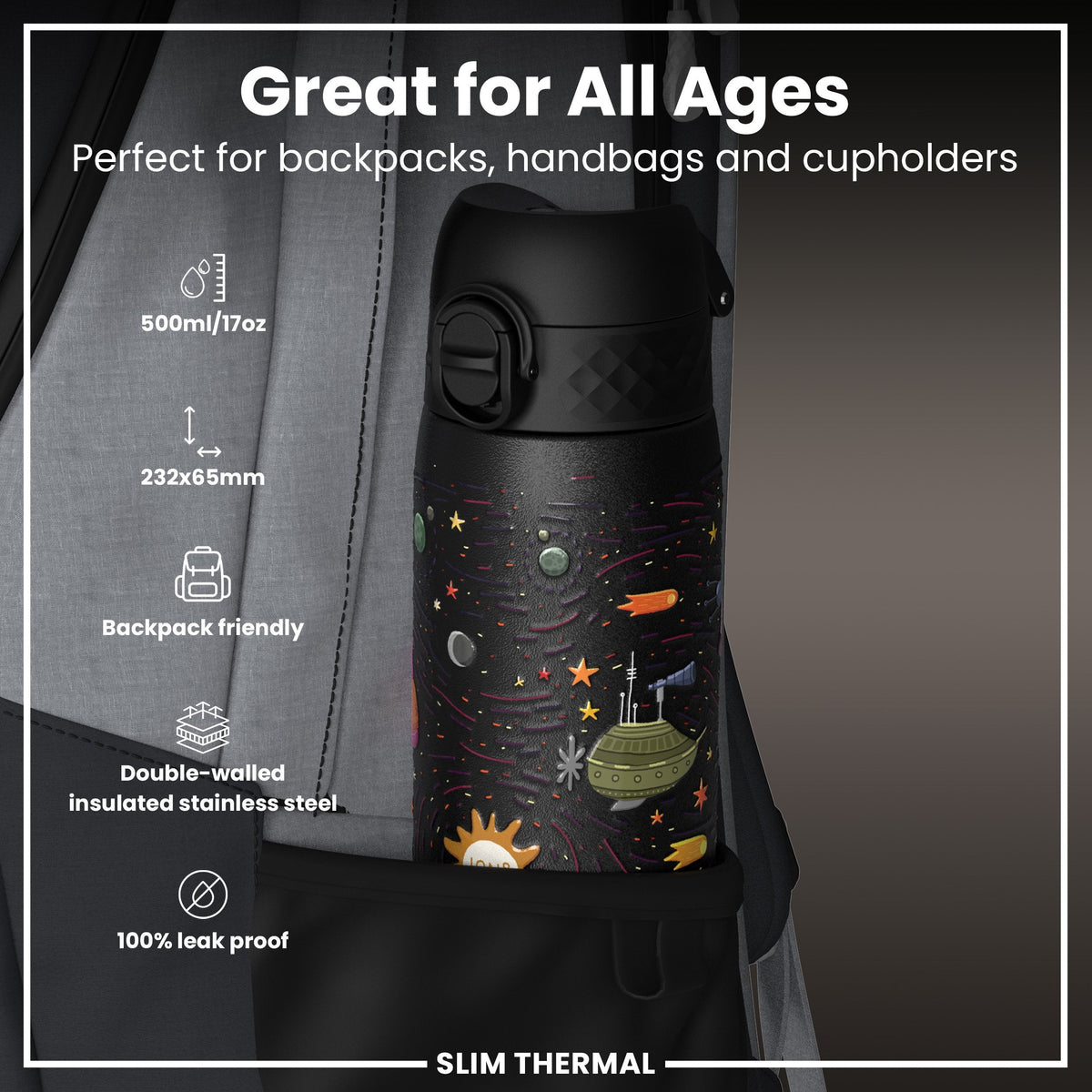 Isolierte Edelstahl-Wasserflasche, Raumschiffe, 500 ml