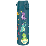 A teal water bottle decorated with cartoon dinosaurs in various colors and poses including one inside a cracked egg Text reads ION8