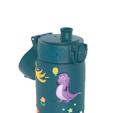 A teal water bottle features a whimsical design with a purple dinosaur holding a yellow balloon, surrounded by colorful stars and plants, set against a plain white background.
