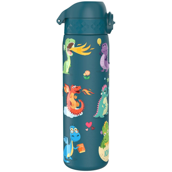 A teal water bottle features colorful illustrations of playful cartoon dragons, one breathing fire and another holding a balloon, in a whimsical, fun design.