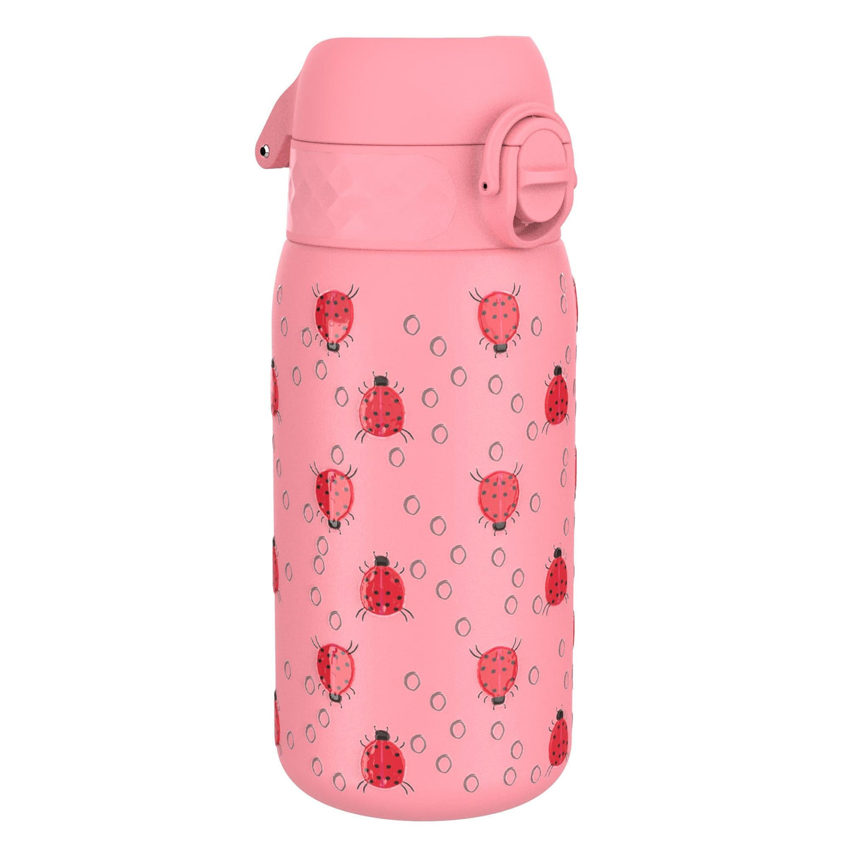 A pink insulated water bottle features red ladybug illustrations with black dots across its surface in a plain white background.