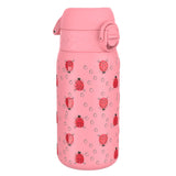 A pink insulated water bottle features red ladybug illustrations with black dots across its surface in a plain white background.
