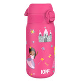 A pink water bottle features princess and castle illustrations in a fantasy theme ION8 is printed at the bottom