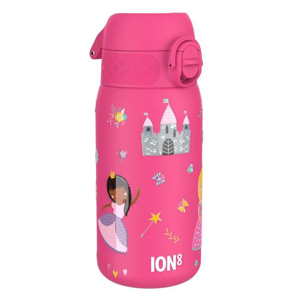 A pink water bottle features princess and castle illustrations in a fantasy theme ION8 is printed at the bottom
