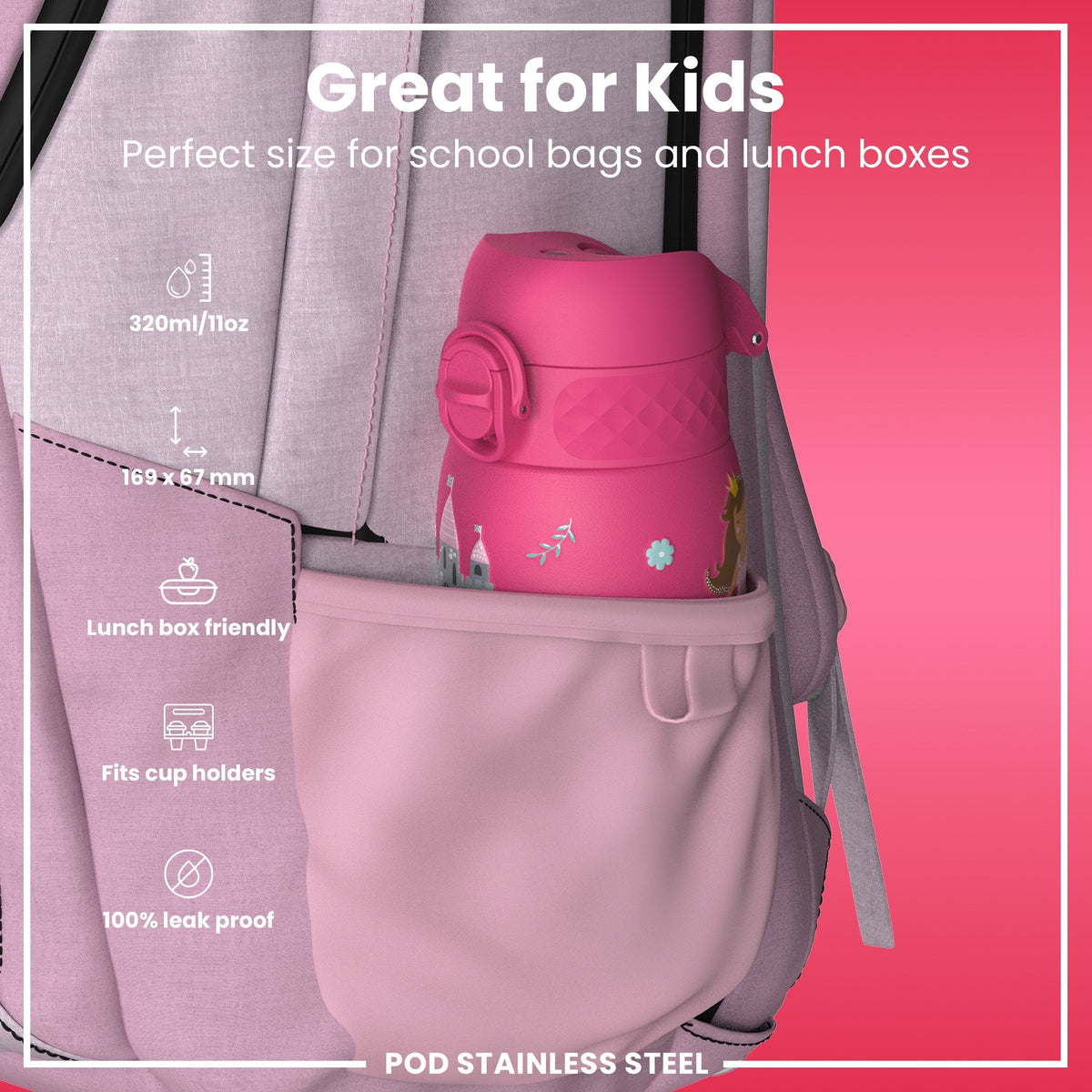 Isolierte Edelstahl-Wasserflasche, Prinzessinnenmotiv, 320 ml