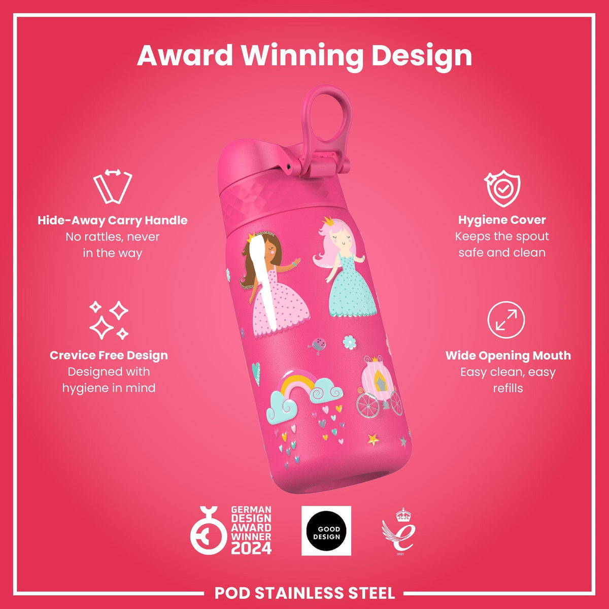 Isolierte Edelstahl-Wasserflasche, Prinzessinnenmotiv, 320 ml