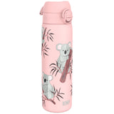 A pink water bottle adorned with illustrations of koalas clinging to eucalyptus branches Ion8 logo near the base in a simple style.