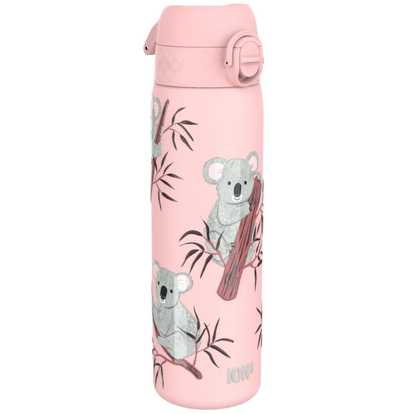 A pink water bottle adorned with illustrations of koalas clinging to eucalyptus branches Ion8 logo near the base in a simple style.