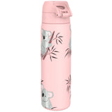 Pink water bottle featuring cartoon koalas and bamboo, standing upright with a flip-top lid, against a plain white background.